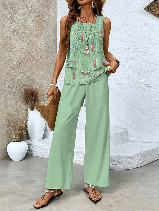 2-Piece Summer Leaf Print Set – Sleeveless Top & Wide Leg Trousers (Various Colours)