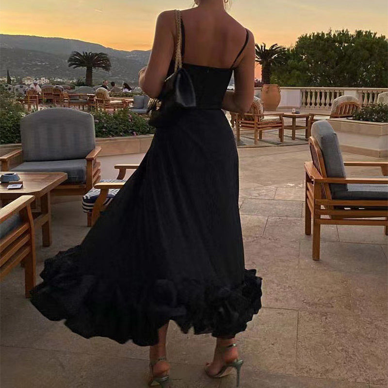 Elegant Ruffle Hem Midi Dress with Spaghetti Straps – Various Colours