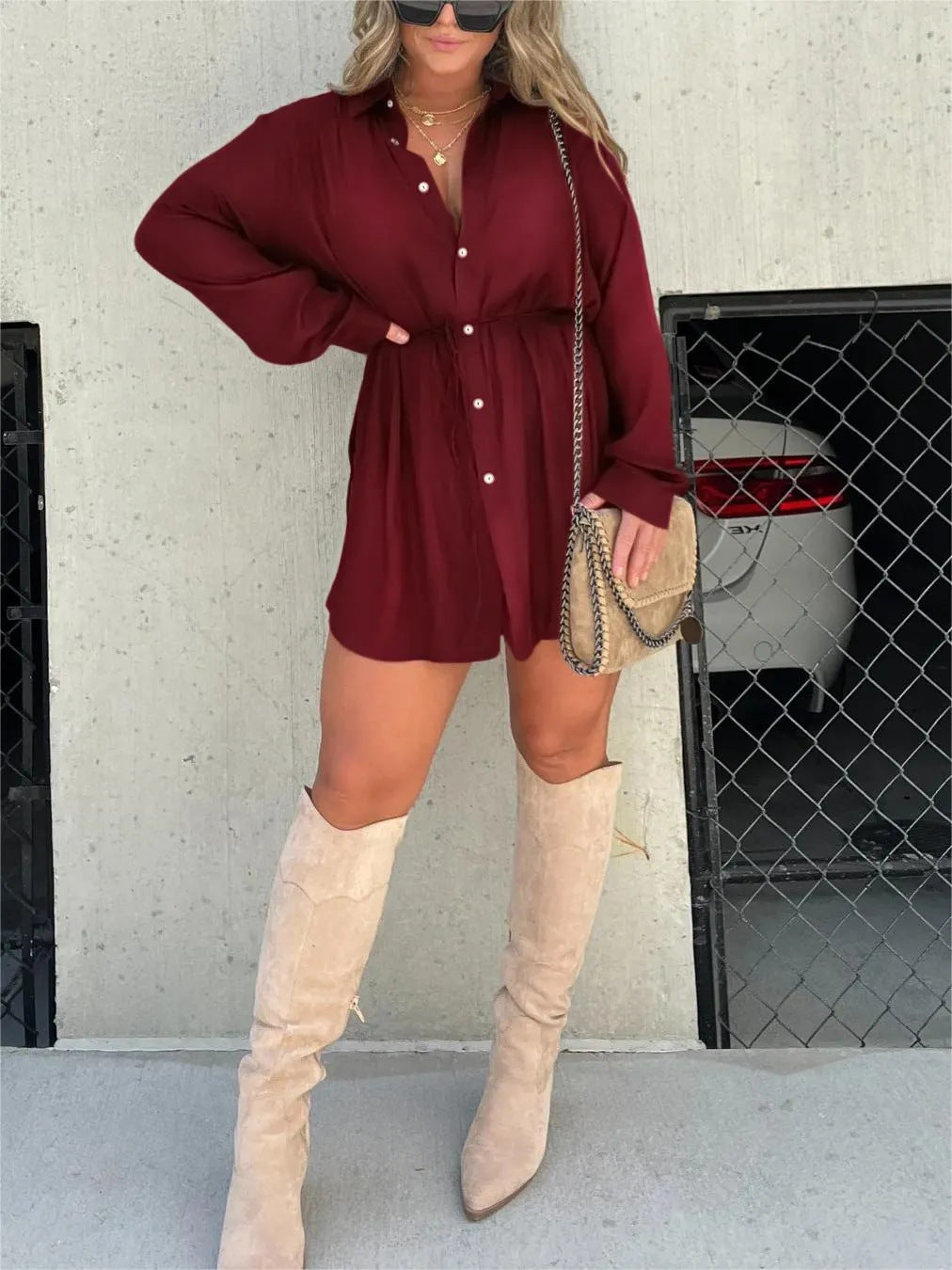 Women’s Oversized Button-Down Jumpsuit – Long Sleeve Casual Tunic – Belted Shirt Dress – Various Colours