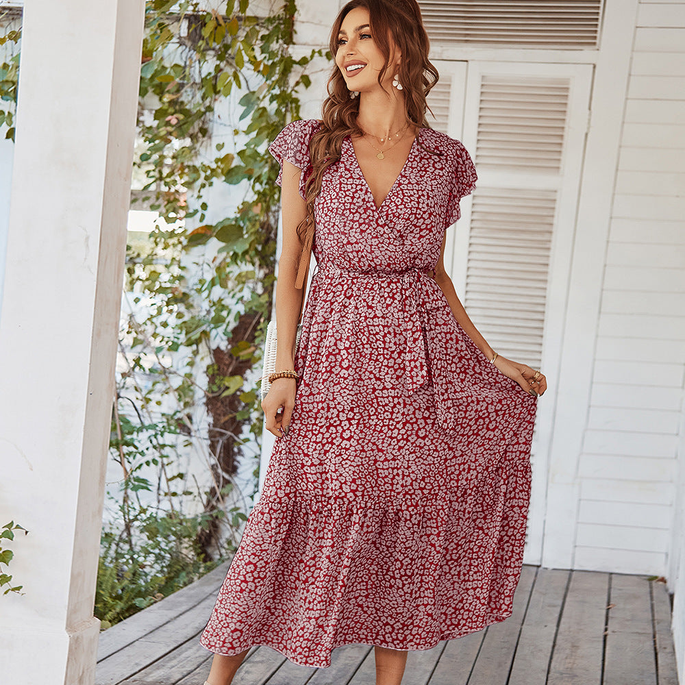 Flutter Sleeve Wrap V-Neck Midi Dress – Various Colours | Floral Summer Midi with Belted Waist