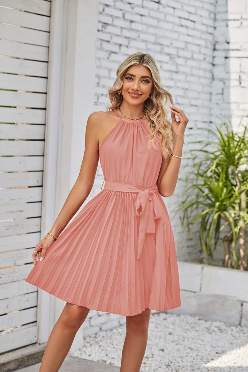 ποΈ TrendPrints Women's Pleated Halter Neck Dress β Elegant Summer Mini Dress with Belt β Available in Various Colours