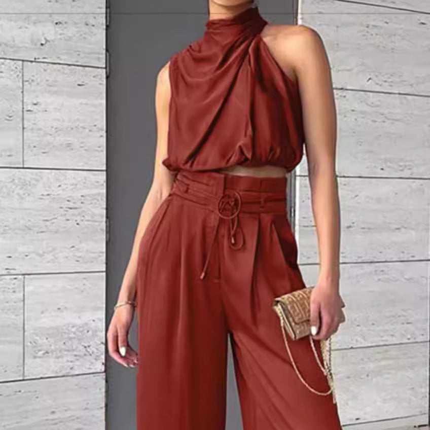 ✨ Women’s Satin 2-Piece Set - Draped Crop Top + Wide Leg High Waist Trousers - Perfect for Party & Evening - Available in Various Colours