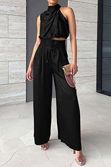 ✨ Women’s Satin 2-Piece Set - Draped Crop Top + Wide Leg High Waist Trousers - Perfect for Party & Evening - Available in Various Colours