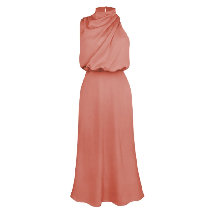 Women’s Elegant Satin High Neck Halter Evening Dress – Sleeveless Midi Dress – Party, Cocktail & Formal Wear – Various Colours