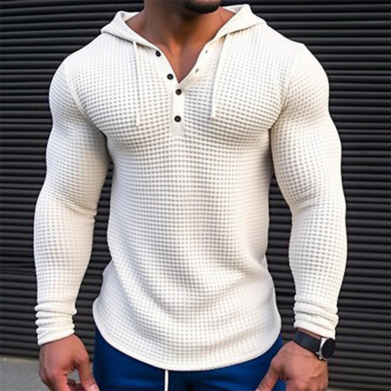 Men’s Textured Long Sleeve Hoodie Henley – Stylish Muscle Fit Pullover Top