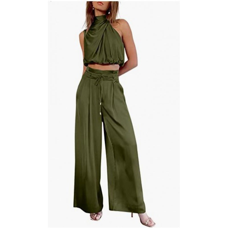 ✨ Women’s Satin 2-Piece Set - Draped Crop Top + Wide Leg High Waist Trousers - Perfect for Party & Evening - Available in Various Colours