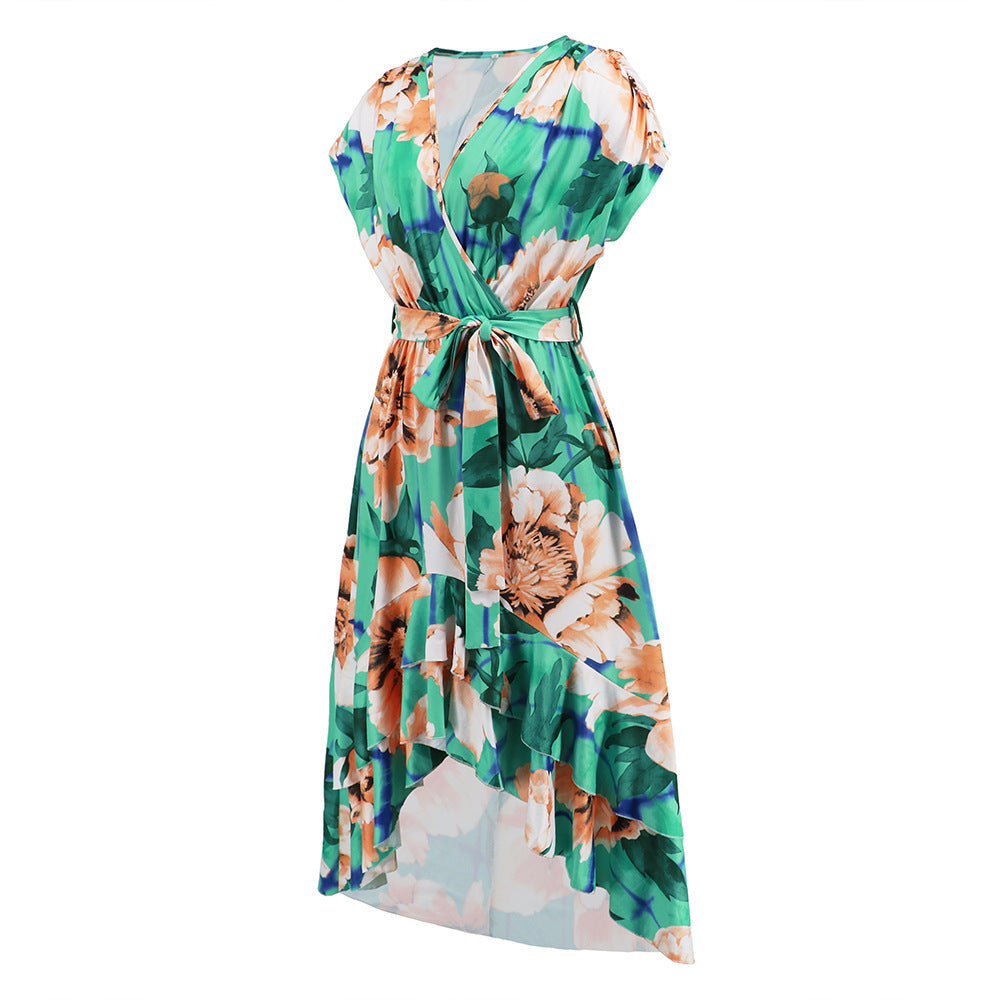 π· TrendPrints Floral Wrap High-Low Dress β Ruffle Hem Summer Midi Dress with Tie Waist β Available in Various Colours