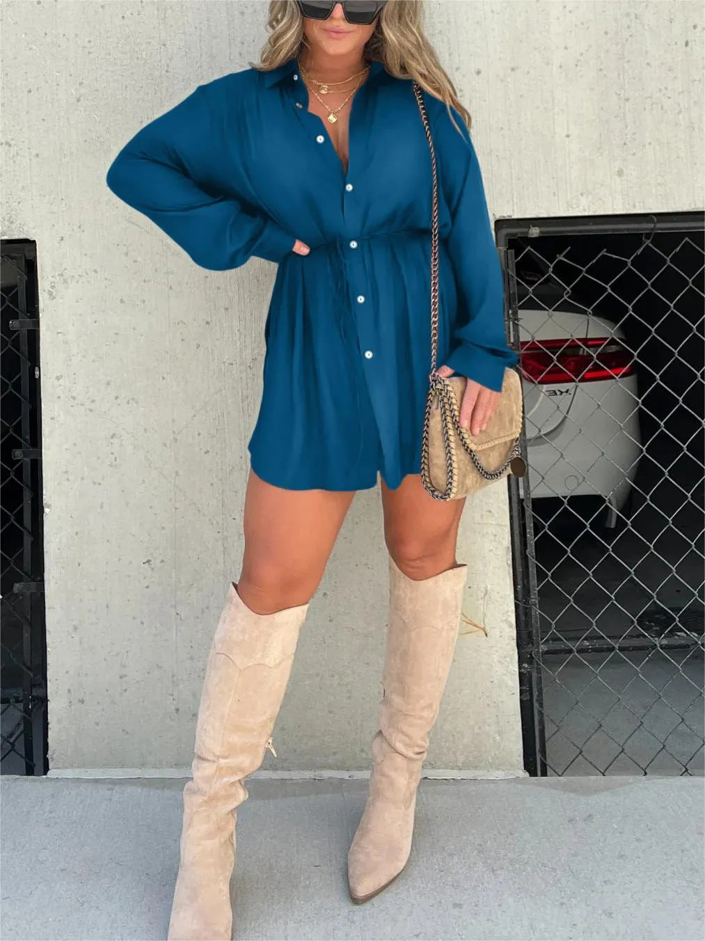 Women’s Oversized Button-Down Jumpsuit – Long Sleeve Casual Tunic – Belted Shirt Dress – Various Colours