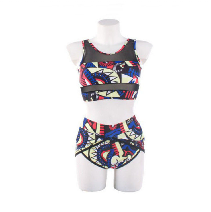 New style plus large size split bikini swimsuit mesh stitching printing high waist women's swimwear