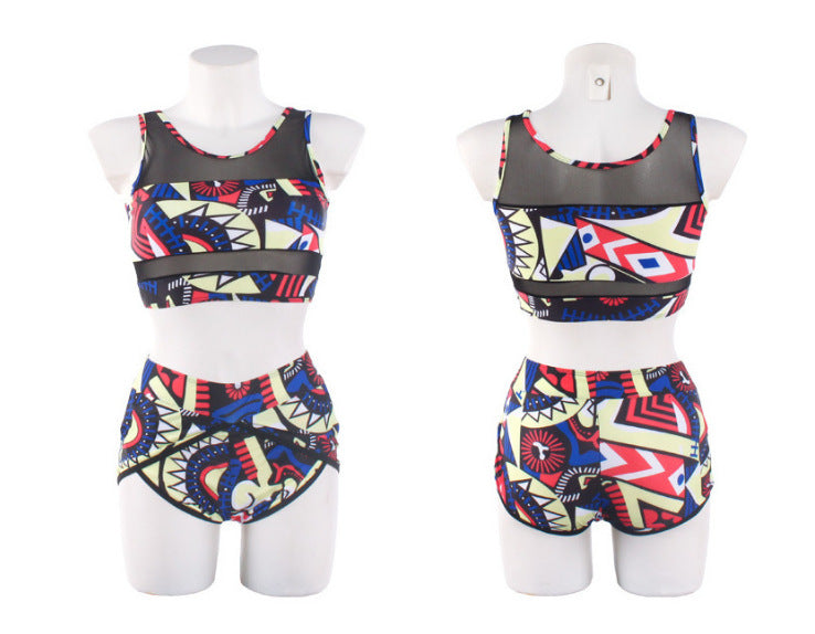 New style plus large size split bikini swimsuit mesh stitching printing high waist women's swimwear