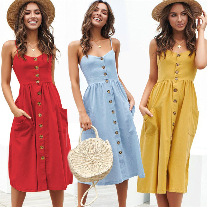 🌞 Sunshine-Ready Button-Front Midi Sundress with Pockets – Summer Favourite