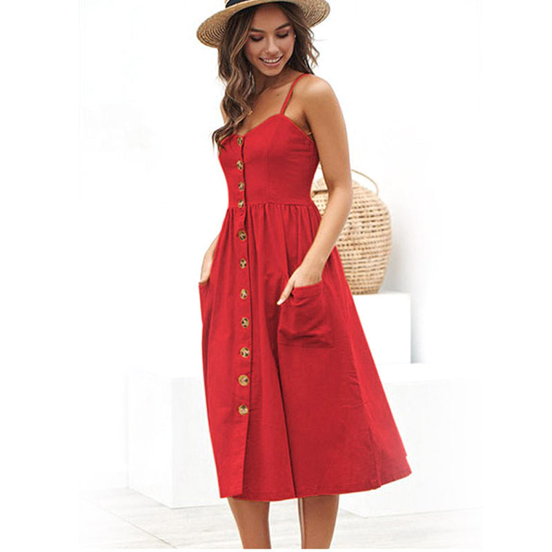 🌞 Sunshine-Ready Button-Front Midi Sundress with Pockets – Summer Favourite
