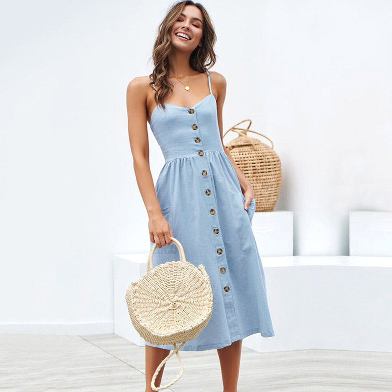 🌞 Sunshine-Ready Button-Front Midi Sundress with Pockets – Summer Favourite