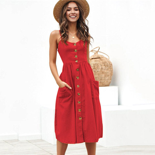 🌞 Sunshine-Ready Button-Front Midi Sundress with Pockets – Summer Favourite