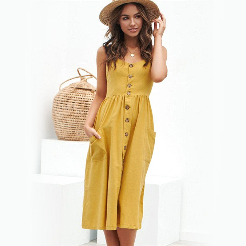 🌞 Sunshine-Ready Button-Front Midi Sundress with Pockets – Summer Favourite