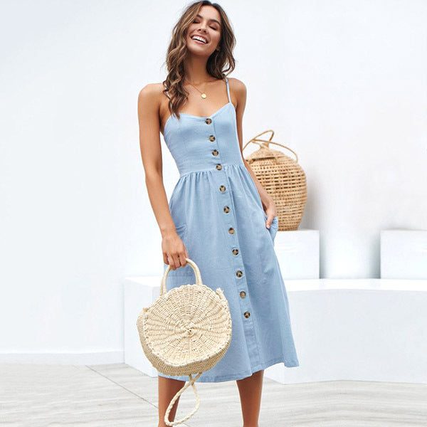 🌞 Sunshine-Ready Button-Front Midi Sundress with Pockets – Summer Favourite