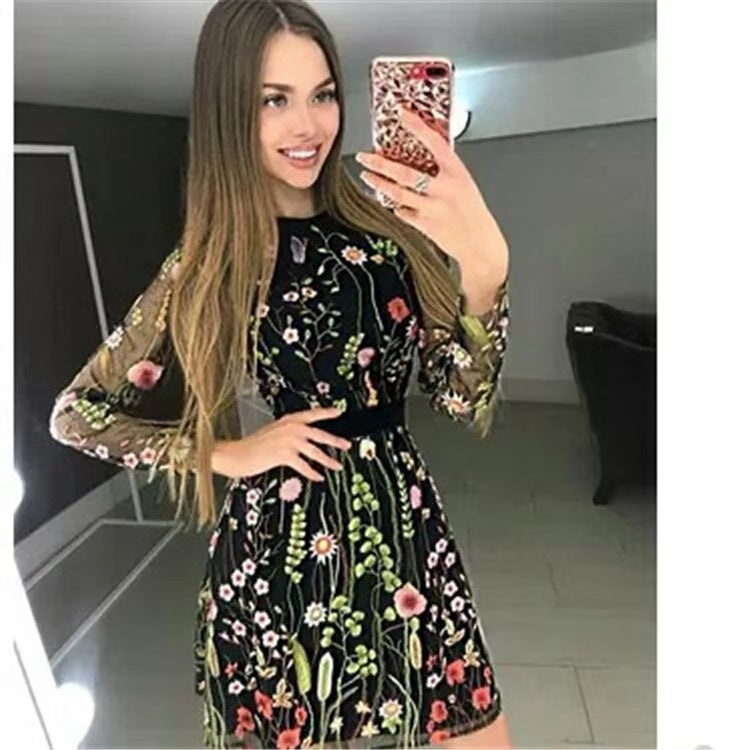🌸 Midnight Garden Embroidered Mesh Dress – Available in Various Colours