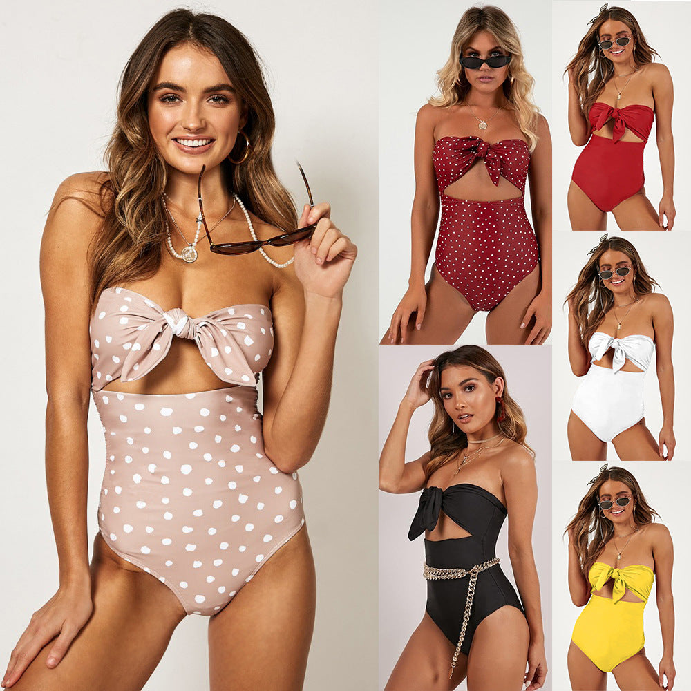 Hot style swimwear high waist knotted tube top sexy swimsuit ladies one-piece swimsuit