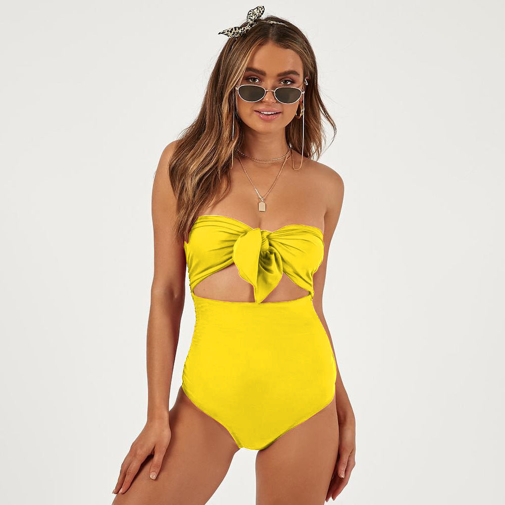 Hot style swimwear high waist knotted tube top sexy swimsuit ladies one-piece swimsuit