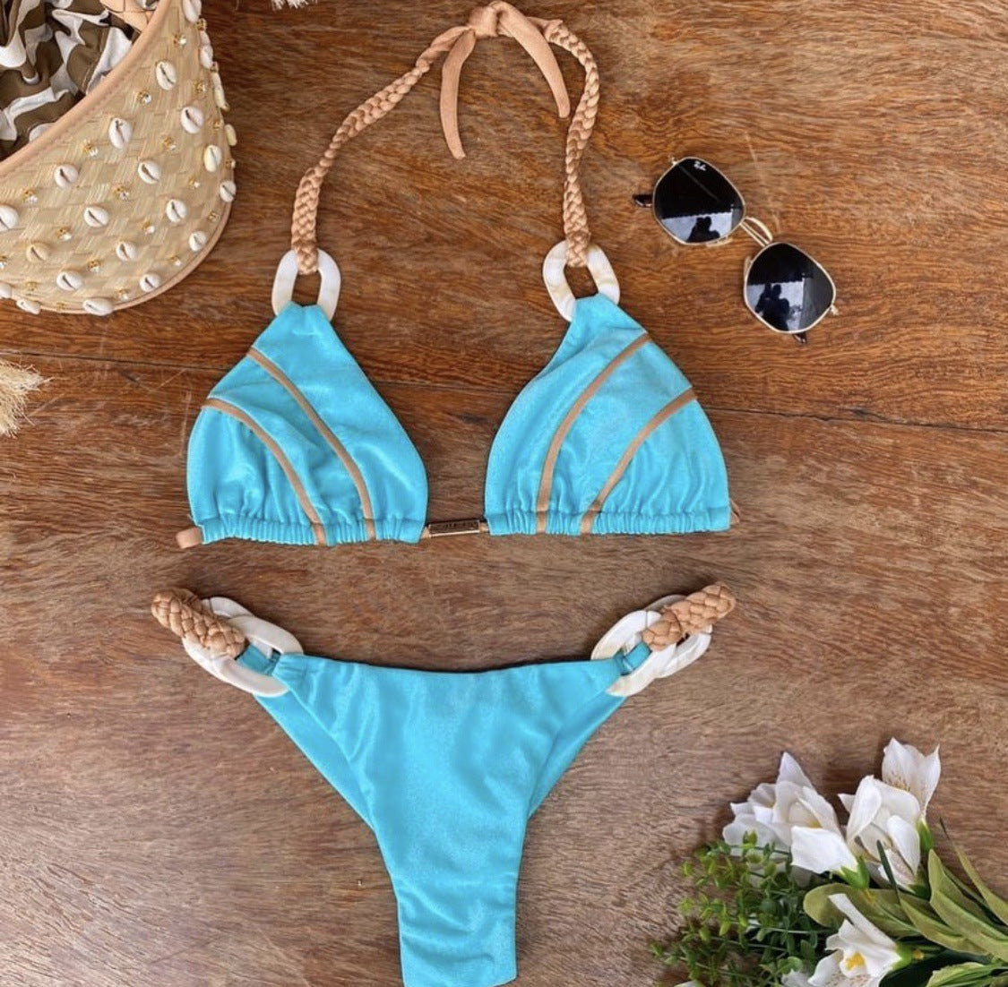 Solid Colour Strap Bikini Sexy Swimwear