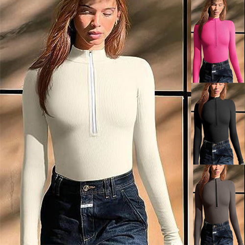 🔥 Zip-Up Ribbed Long Sleeve Bodysuit – Available in Various Colours