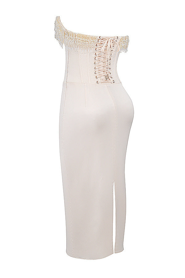 Solid Color Sleeveless Cold-shoulder Pearl Fishbone Dress Skirt Women's Dress