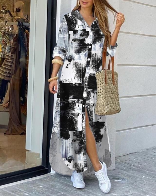 Women’s Casual Button Down Shirt Maxi Dress – Printed Long Sleeve Dress with Side Slit | Various Designs