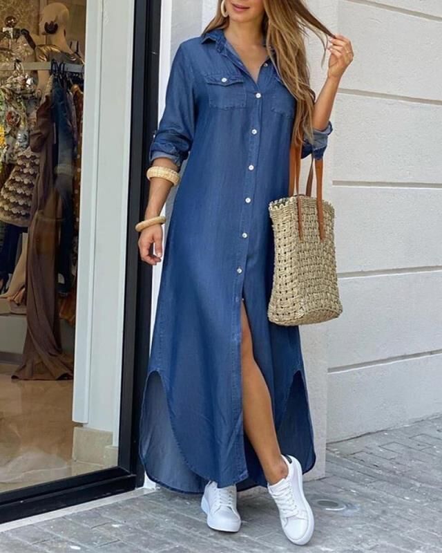 Women’s Casual Button Down Shirt Maxi Dress – Printed Long Sleeve Dress with Side Slit | Various Designs