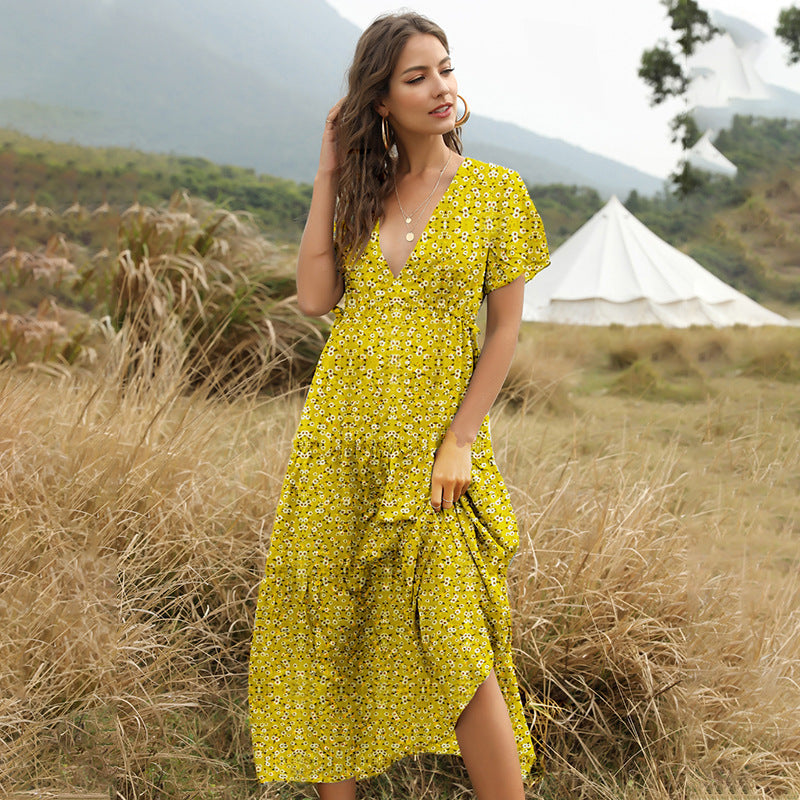 Boho Floral Maxi Dress with Slit – V-Neck Summer Dress in Various Colours
