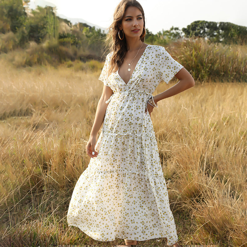 Boho Floral Maxi Dress with Slit – V-Neck Summer Dress in Various Colours