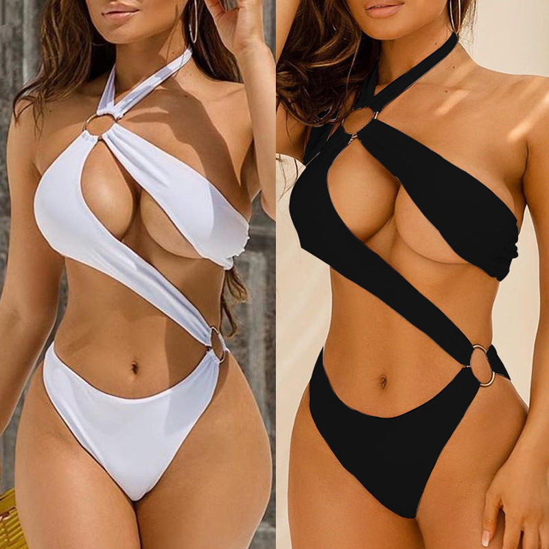Women’s Sexy Cutout One-Piece Monokini – Halter Neck Asymmetric Swimsuit with Ring Detail | Various Colours