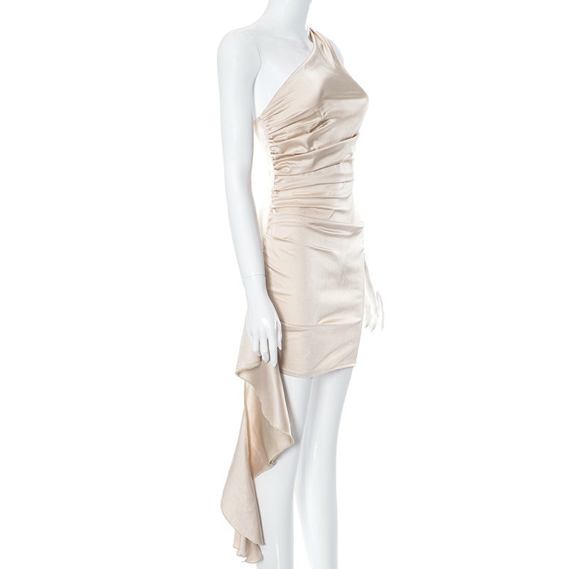 Satin One-Shoulder Draped Mini Dress – Various Colours