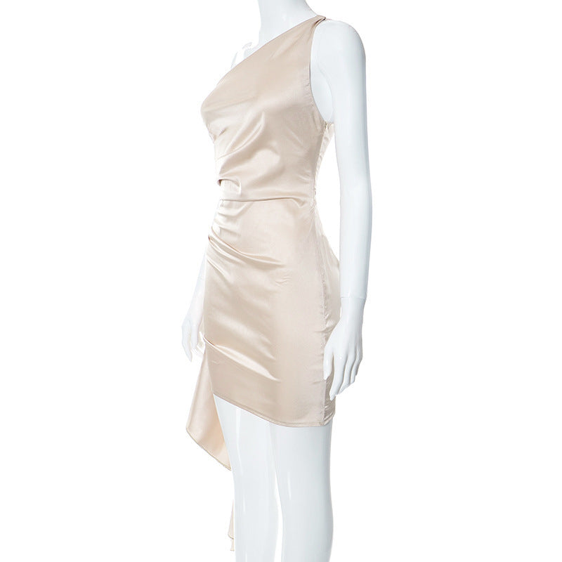 Satin One-Shoulder Draped Mini Dress – Various Colours