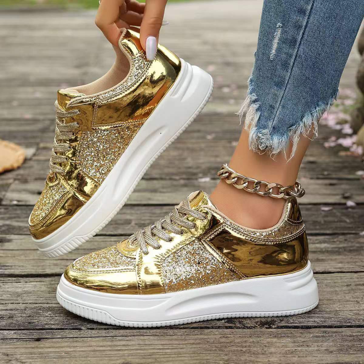 Women's Glitter Gold Platform Trainers – Shiny Lace-Up Sneakers with Chunky Sole for Everyday Glam Look