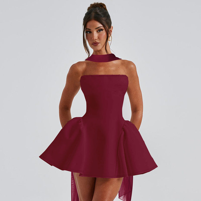 Chic Strapless Mini Dress with High Neck Bow Back – Party Dress in Various Colours