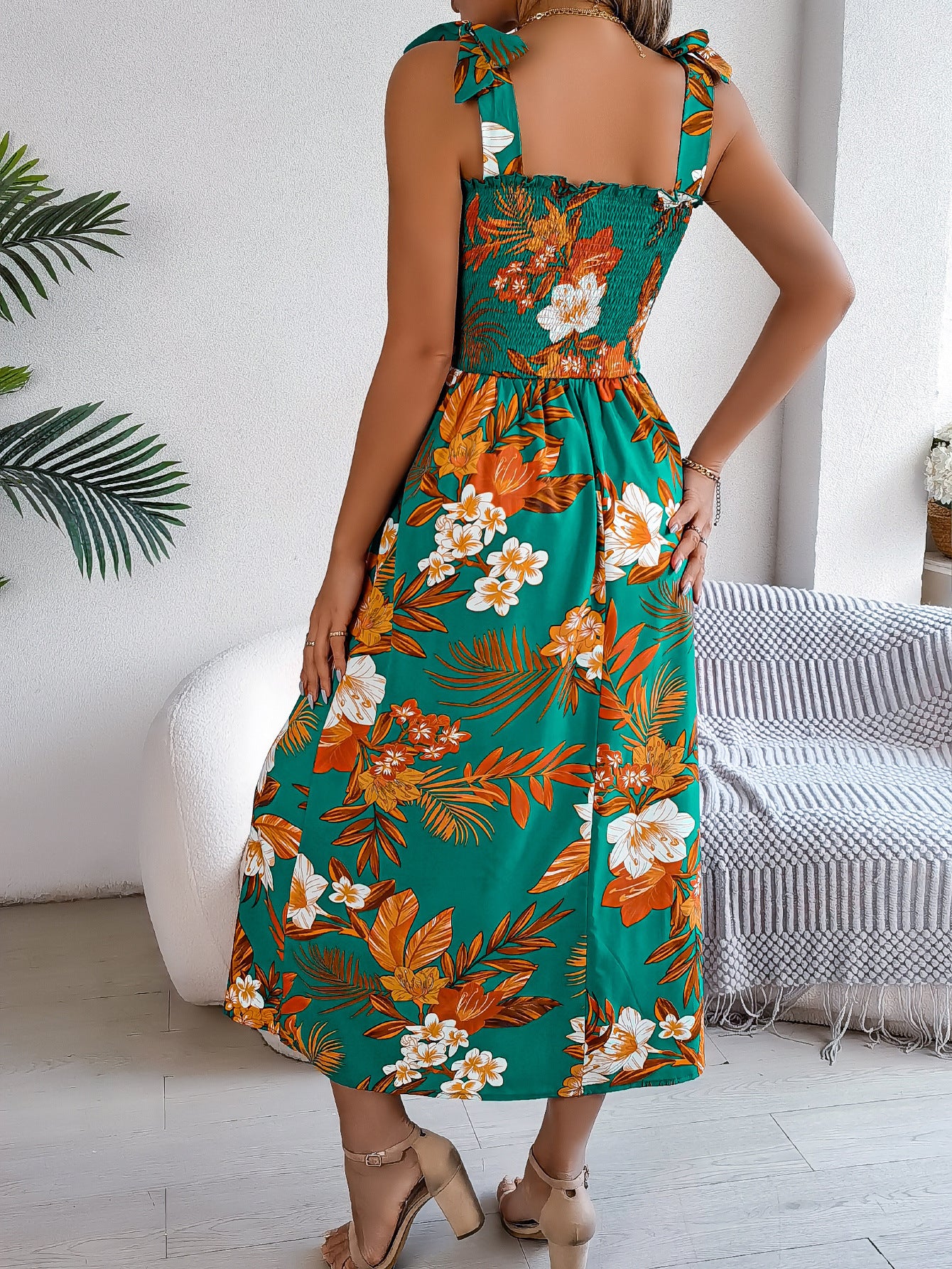 Floral Smocked Midi Sundress with Tie Straps – Tropical Summer Dress in Various Colours
