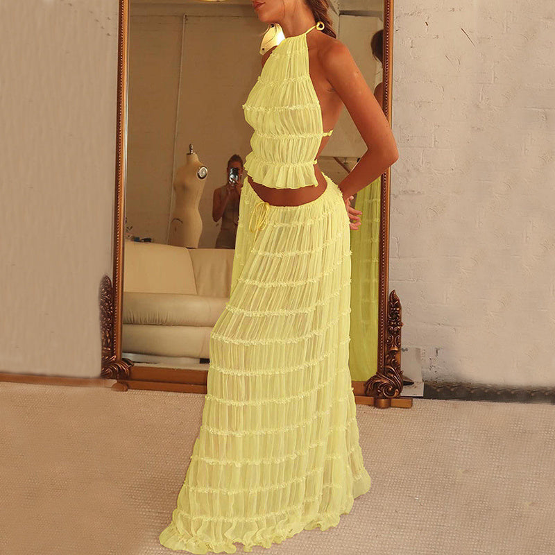 Boho 2 Piece Beach Set – Ruffle Halter Neck Crop Top & Maxi Skirt – Lightweight Summer Holiday Outfit – Various Colours