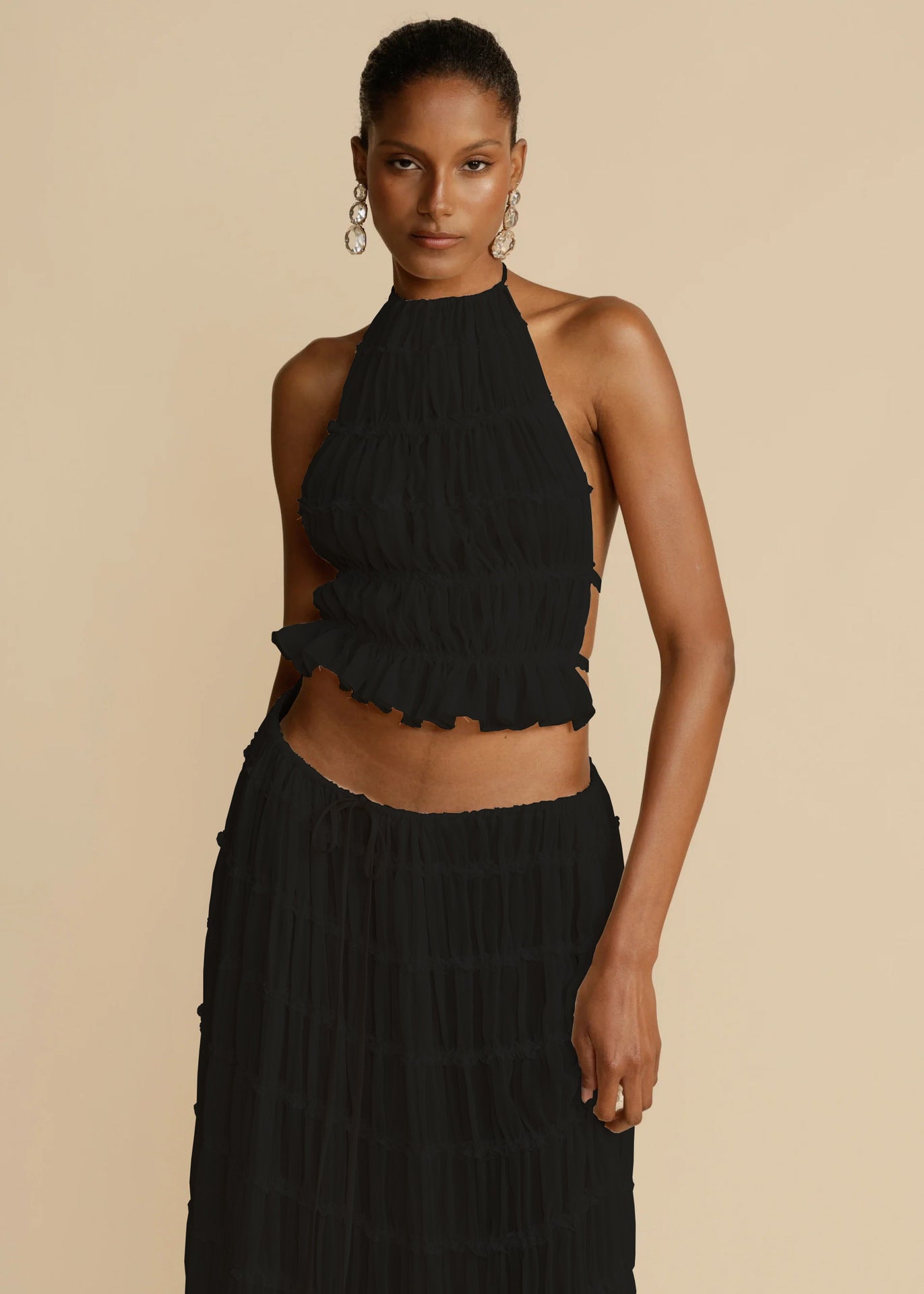 Boho 2 Piece Beach Set – Ruffle Halter Neck Crop Top & Maxi Skirt – Lightweight Summer Holiday Outfit – Various Colours