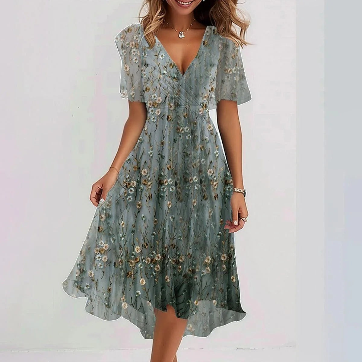 Chiffon Wrap Midi Dress with Flutter Sleeves – Available in Various Colours
