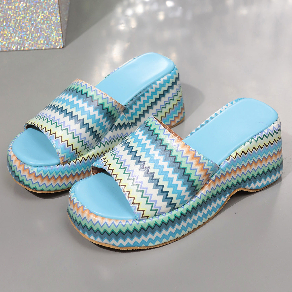 Zigzag Neon Print Platform Slide Sandals – Retro Vibes, Bold Style, All-Day Comfort