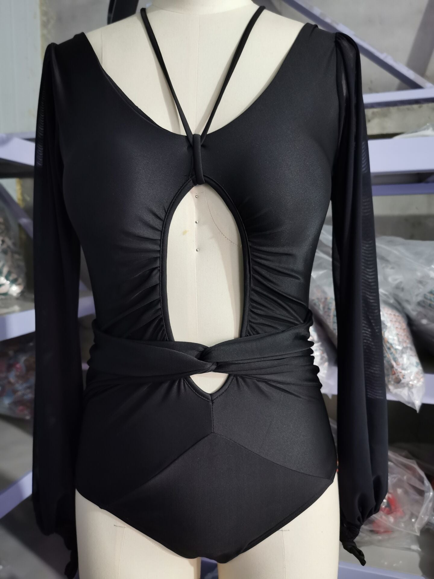 Sexy gathered one-piece printed bikini swimsuit women long sleeve swimwear ladies swimwear