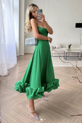 Elegant Ruffle Hem Midi Dress with Spaghetti Straps – Various Colours