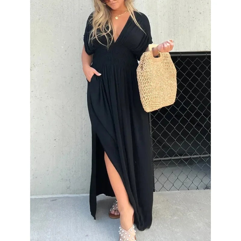 Boho V-Neck Maxi Dress with Pockets – Summer Flowy Style in Various Colours