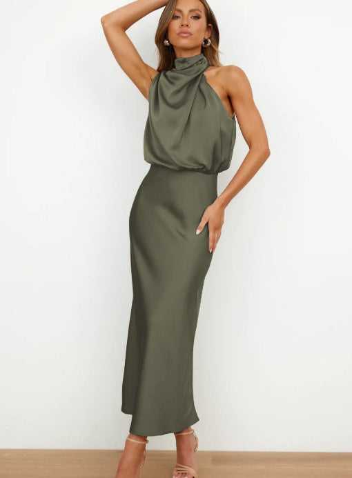 Women’s Elegant Satin High Neck Halter Evening Dress – Sleeveless Midi Dress – Party, Cocktail & Formal Wear – Various Colours