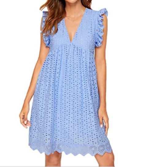 Elegant Eyelet Lace V-Neck Summer Dress – Lightweight, Flowy, and Available in Various Colours