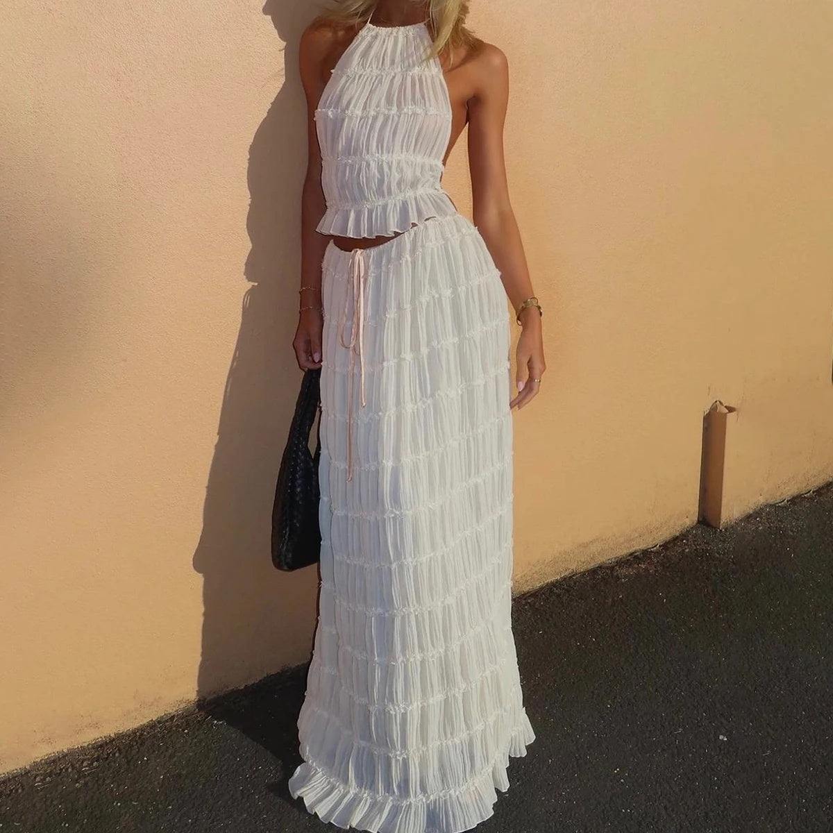 Boho 2 Piece Beach Set – Ruffle Halter Neck Crop Top & Maxi Skirt – Lightweight Summer Holiday Outfit – Various Colours