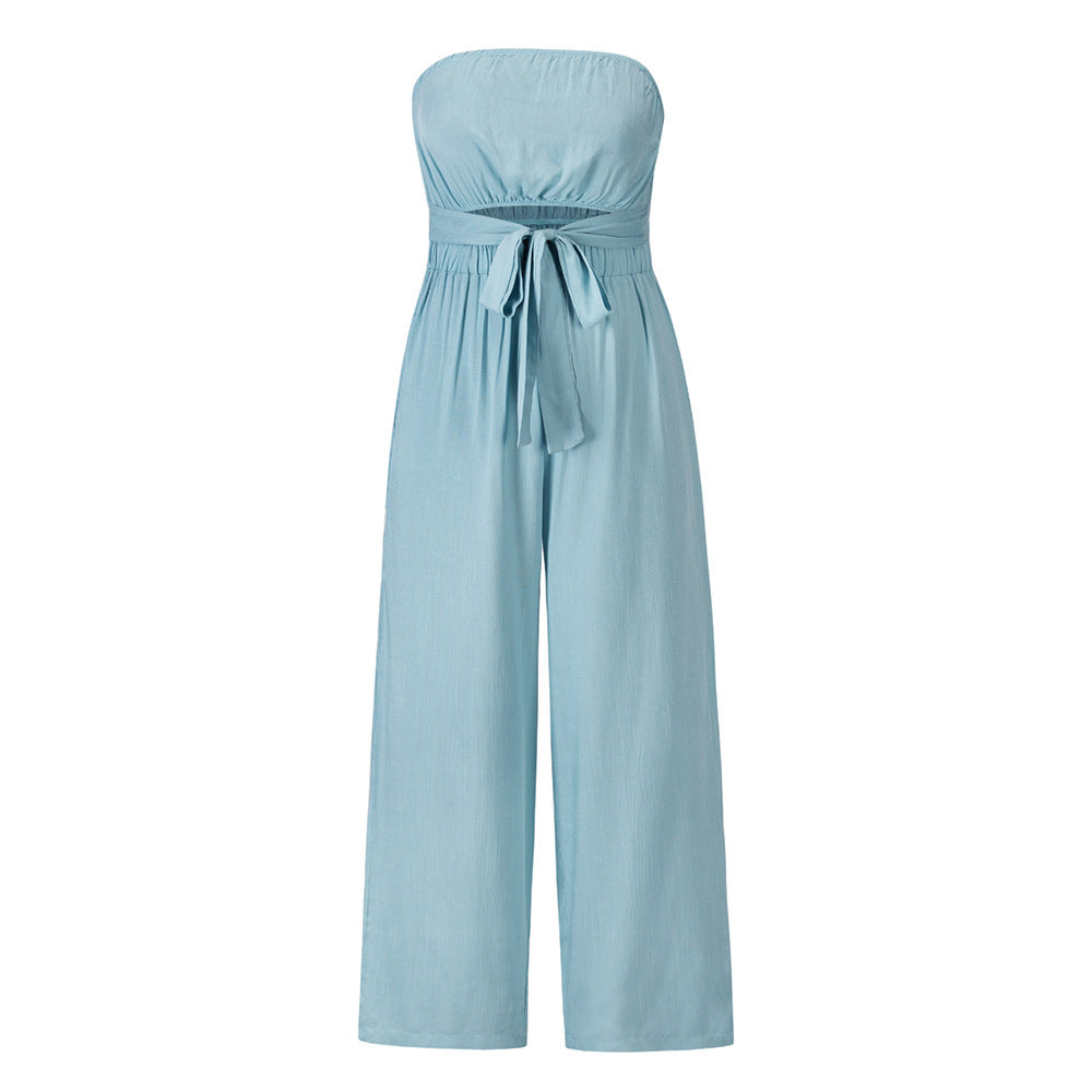 Strapless Wide-Leg Jumpsuit with Waist Tie – Various Colours | Summer Linen-Look Two-Piece Outfit