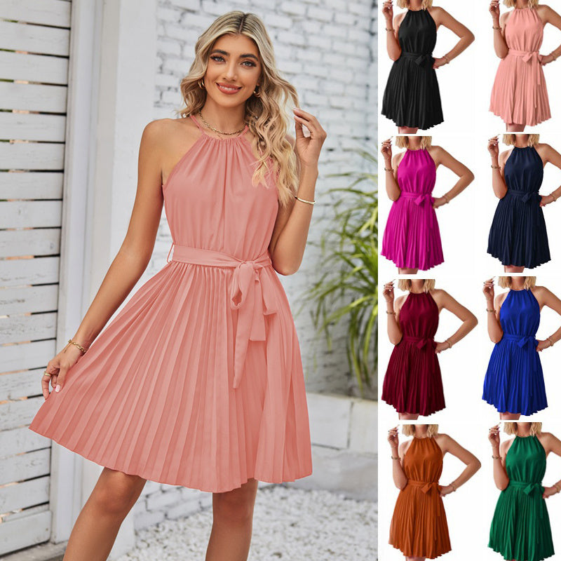 ποΈ TrendPrints Women's Pleated Halter Neck Dress β Elegant Summer Mini Dress with Belt β Available in Various Colours