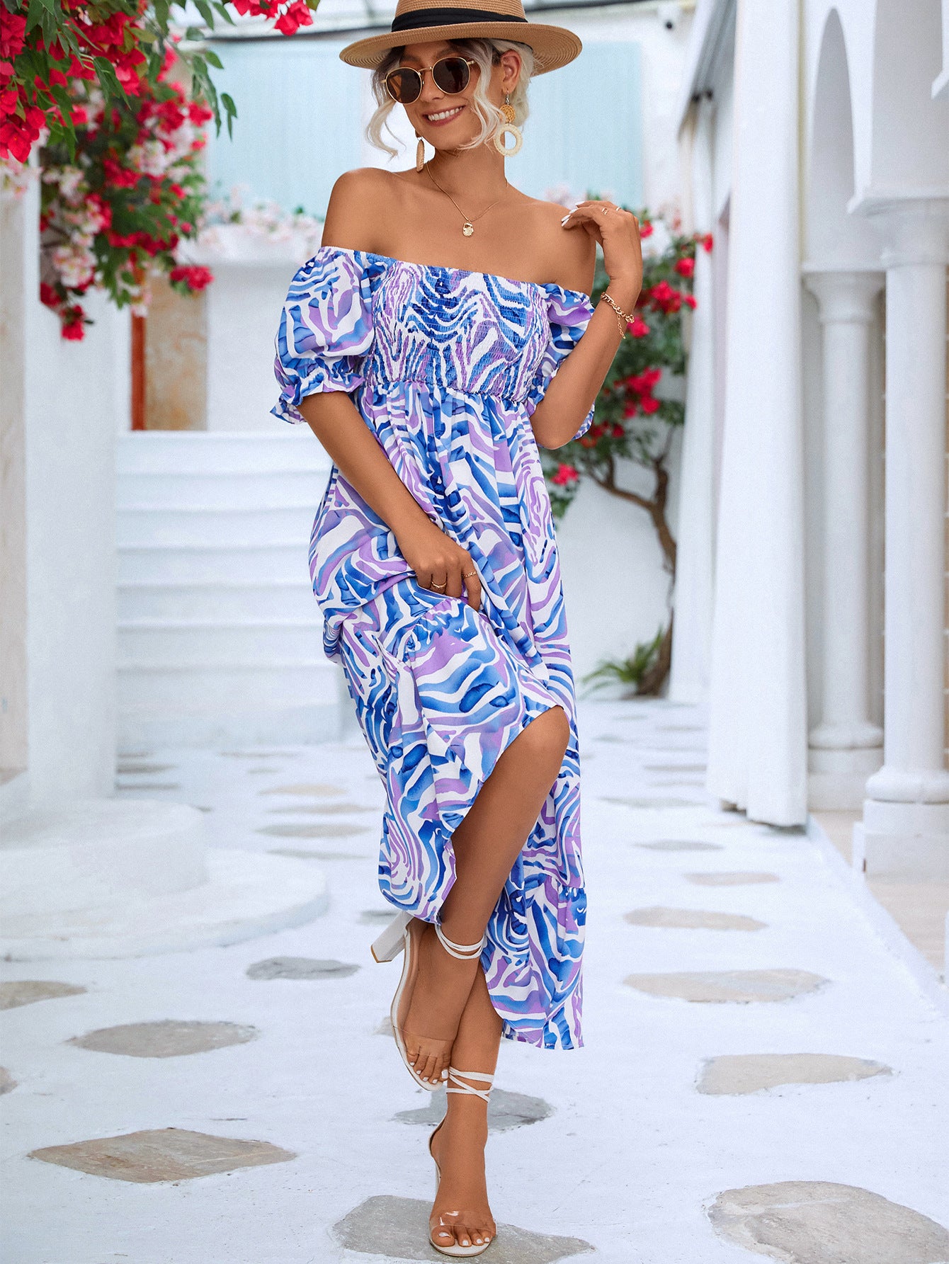 πΈ TrendPrints Off-Shoulder Boho Midi Dress β Smocked Summer Holiday Dress with Puff Sleeves β Available in Various Colours