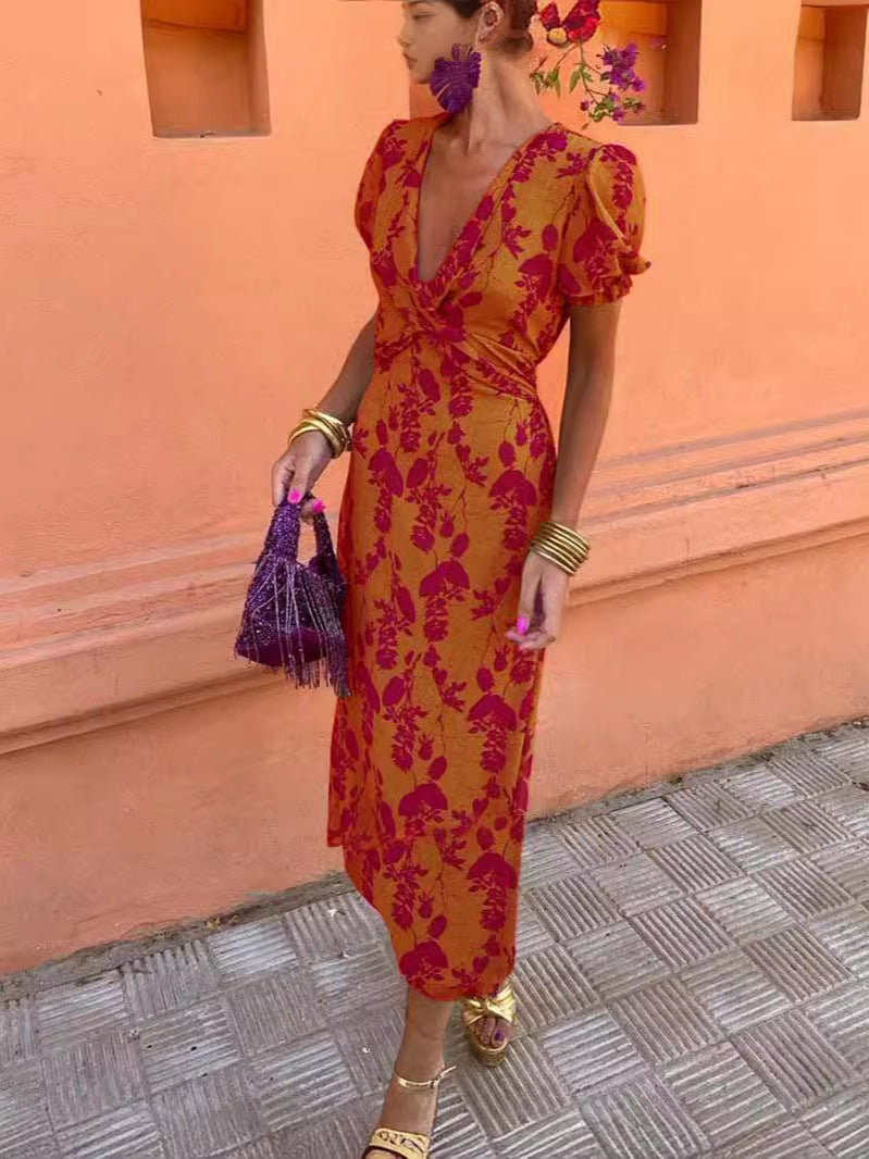 Elegant Floral Wrap Midi Dress – V-Neck Summer Style – Feminine & Flattering – Various Colours